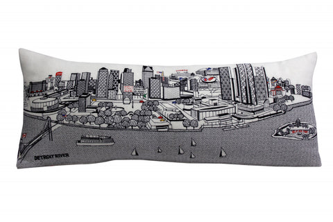 14" X 35" Cream Detroit Daylight Skyline Lumbar Decorative Pillow