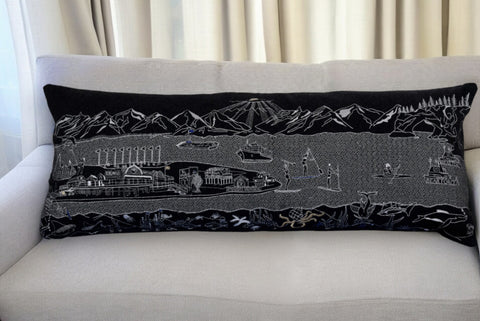 14" X 35" Black Gray and White Hometown Pride Wool Lumbar Throw Pillow