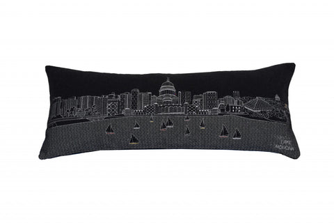 14" X 35" Dark Gray And White Madison Nighttime Skyline Lumbar Decorative Pillow