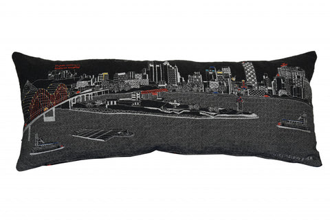 14" X 35" Dark Gray And White Memphis Nighttime Skyline Lumbar Decorative Pillow