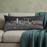 14" X 35" Dark Gray And White Miami Nighttime Skyline Lumbar Decorative Pillow