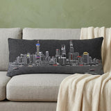 14" X 35" Dark Gray And White Shanghai Nighttime Skyline Lumbar Decorative Pillow