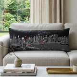 14" X 35" Dark Gray And White Tokyo Nighttime Skyline Lumbar Decorative Pillow