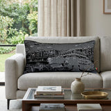 14" X 35" Dark Gray And White Venice Nighttime Skyline Lumbar Decorative Pillow