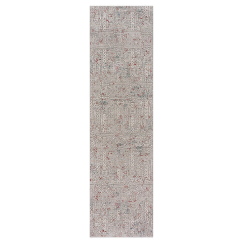 8' Gray Ivory Slate Blue And Wine Red Geometric Distressed Runner Rug