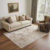 5' X 7' Beige Cream And Brown Damask Stain Resistant Area Rug