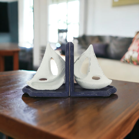Set of Two 5" Blue And White Cast Iron Sailboat Decorative Bookends