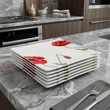 Red and White Six Piece Square Floral Bone China Service For Six Dinner Plate Set