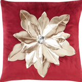 16" Red And Gold Christmas Poinsettia Velvet Throw Pillow