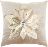 16" Beige And Gold Christmas Poinsettia Velvet Throw Pillow