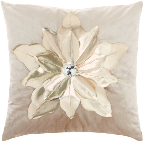 16" Beige And Gold Christmas Poinsettia Velvet Throw Pillow