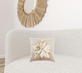 16" Beige And Gold Christmas Poinsettia Velvet Throw Pillow