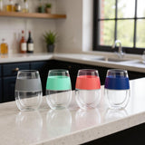 Set of Four Clear And Blue Tritan Plastic Convex Curve Shape Stemless All Purpose Wine Glass
