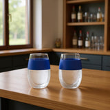 Set of Two Clear And Blue Tritan Plastic Convex Curve Shape Stemless All Purpose Wine Glass