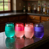 Set of Four Green Pink And Purple Tritan Plastic Convex Curve Shape Stemless All Purpose Wine Glass