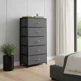 23" Gray and Black Steel and Fabric Five Drawer Chest