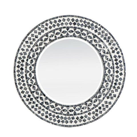 24" Black And White Round Wood And Shell Framed Accent Mirror
