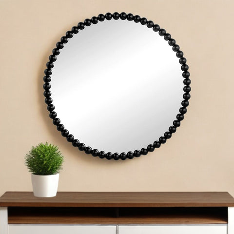 32" Black Iron Beaded Round Framed Accent Mirror