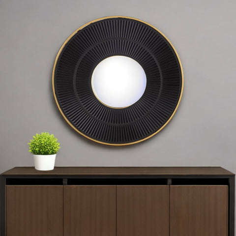 32" Black And Gold Round Wood And Metal Framed Accent Mirror