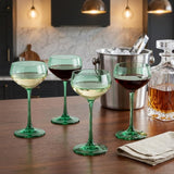 Set of Four Green Crystal Shallow Bowl Stemmed Coupe
