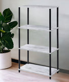 44" Antiqued White And Black Distressed Metal and Wood Four Tier Etagere Bookcase