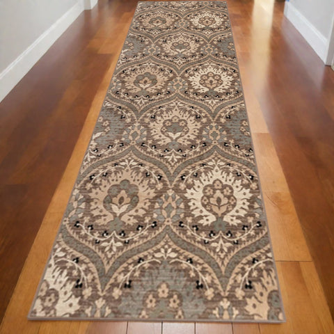 12' Beige And Ivory Floral Runner Rug