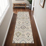 8' Black Ivory And Gray Floral Runner Rug