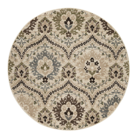 5' Brown Beige And Gray Floral Round Rug