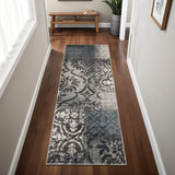 8' Teal And Ivory Damask Distressed Runner Rug