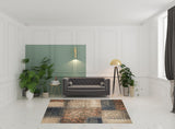 7' X 9' Blue And Ivory Damask Distressed Area Rug