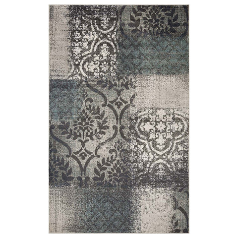 7' X 9' Teal And Ivory Damask Distressed Area Rug