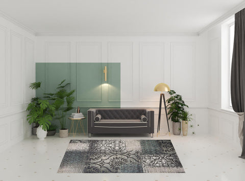 7' X 9' Teal And Ivory Damask Distressed Area Rug