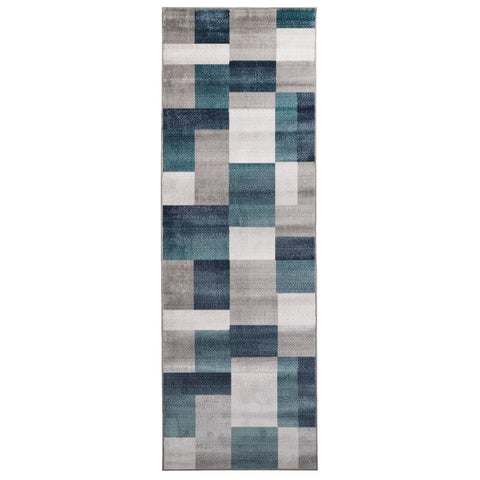 8' Ivory And Teal Patchwork Runner Rug