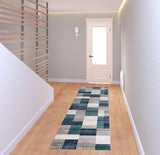 8' Ivory And Teal Patchwork Runner Rug