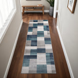 8' Ivory And Teal Patchwork Runner Rug