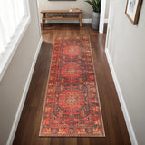 8' Brown Black And Brick Red Medallion Runner Rug