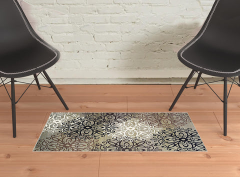 2' X 3' Brown Black And Gray Medallion Area Rug