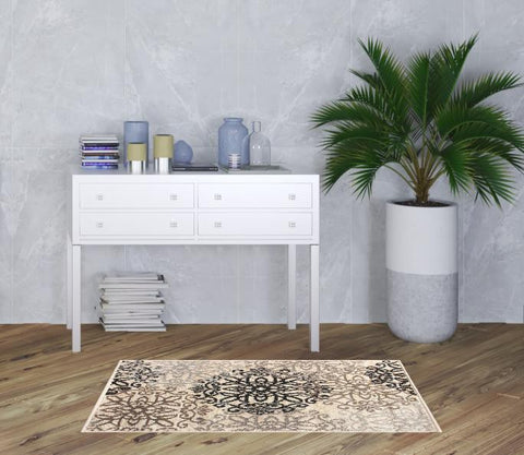 3' X 5' Beige Black And Brown Floral Medallion Area Rug