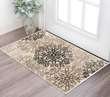 3' X 5' Beige Black And Brown Floral Medallion Area Rug