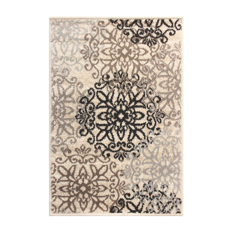 8' X 10' Beige Black And Brown Floral Medallion Area Rug