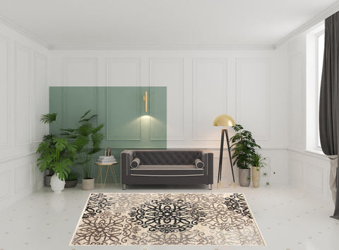 8' X 10' Beige Black And Brown Floral Medallion Area Rug