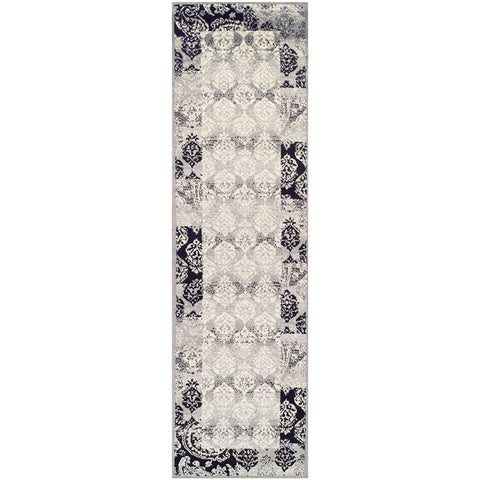 8' Black And Gray Damask Distressed Runner Rug