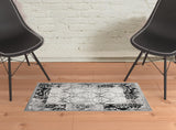 2' X 3' Black And Gray Damask Distressed Area Rug