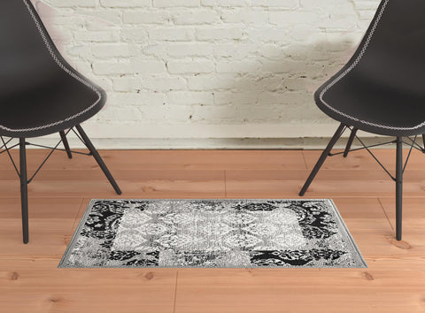 2' X 3' Black And Gray Damask Distressed Area Rug