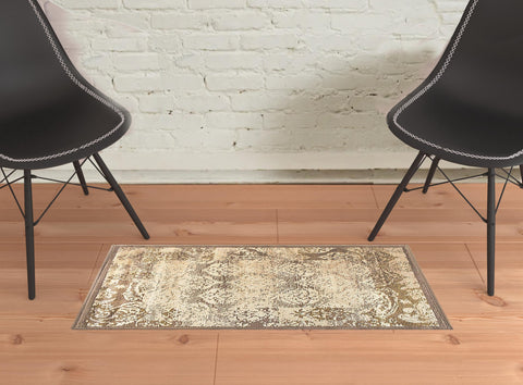 2' X 3' Beige And Brown Damask Distressed Area Rug