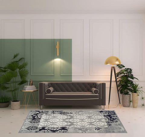 5' X 8' Black And Gray Damask Distressed Area Rug