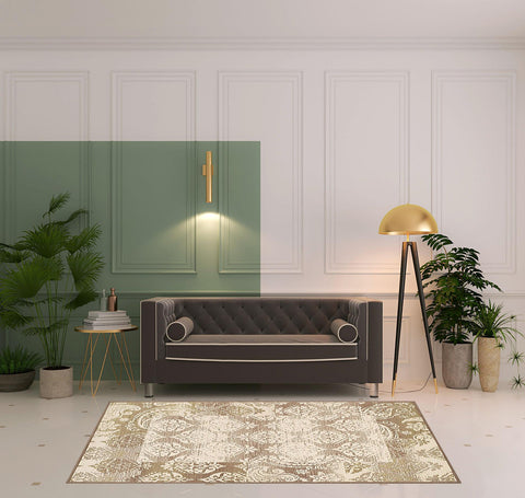 5' X 8' Beige And Brown Damask Distressed Area Rug