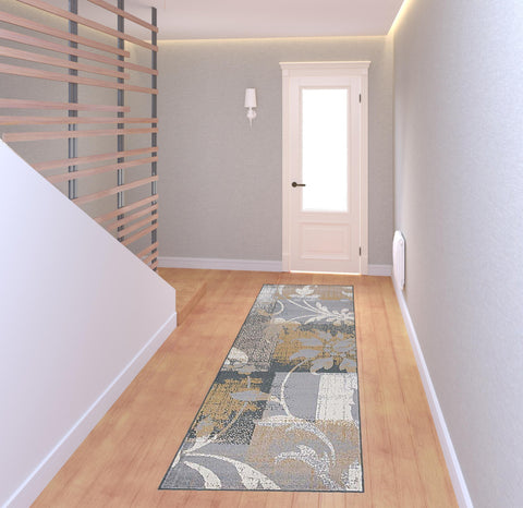 8' Beige And Black Floral Distressed Runner Rug