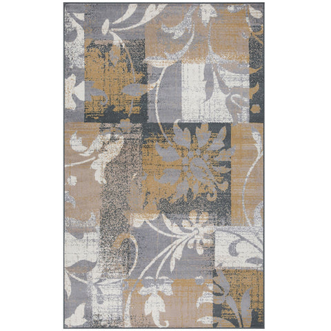 7' X 9' Beige And Black Floral Distressed Area Rug