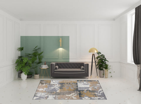 7' X 9' Beige And Black Floral Distressed Area Rug